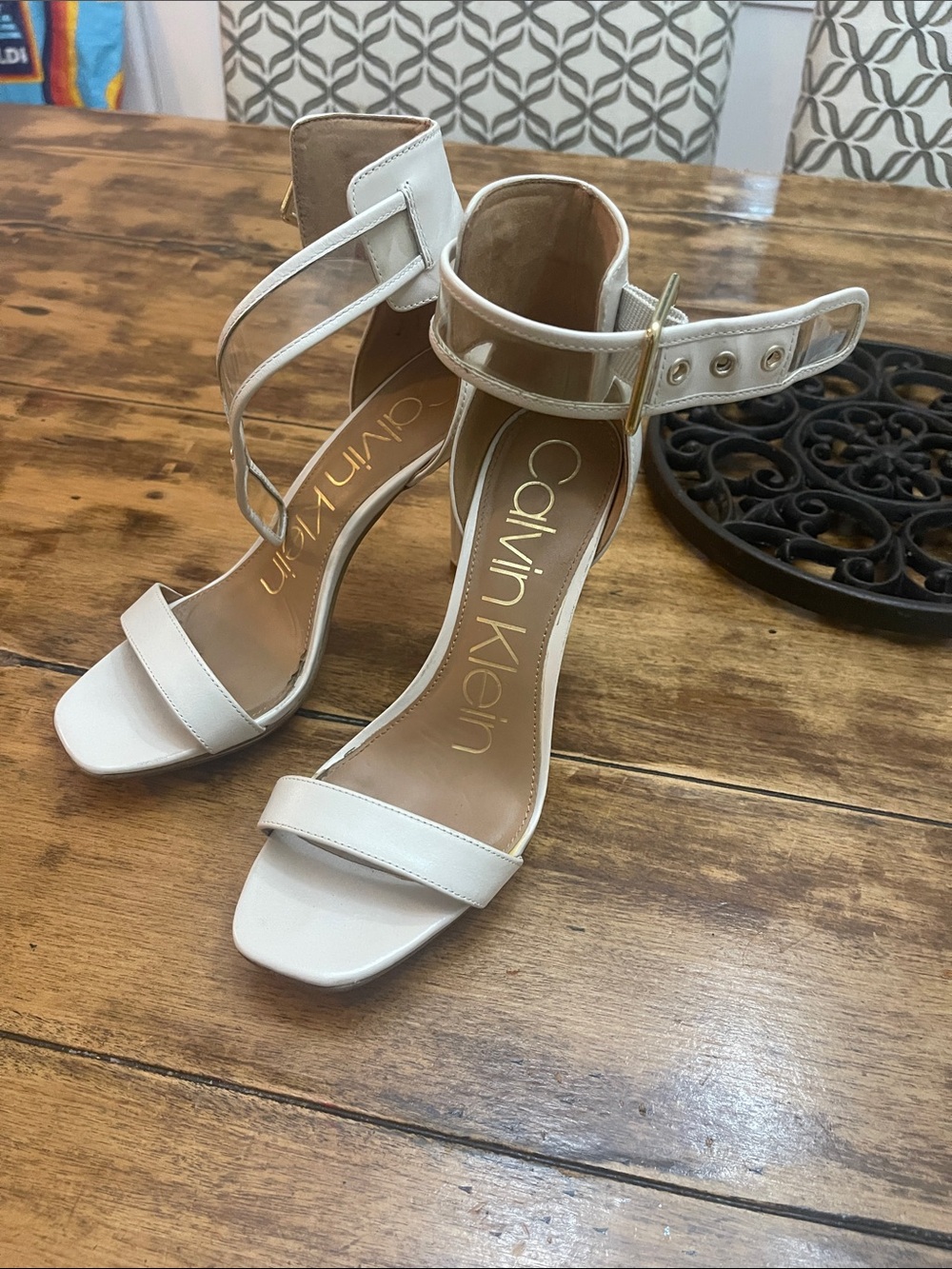 Calvin Klein White Strappy Ankle-Buckle High Heel Sandals